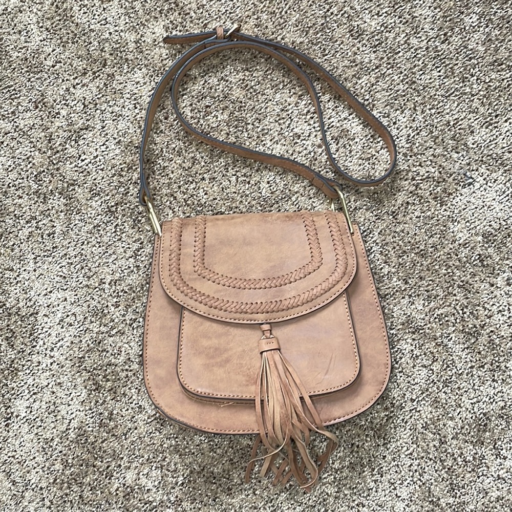 Franco Sarto Crossbody Tassel Bag Tan Faux Suede
